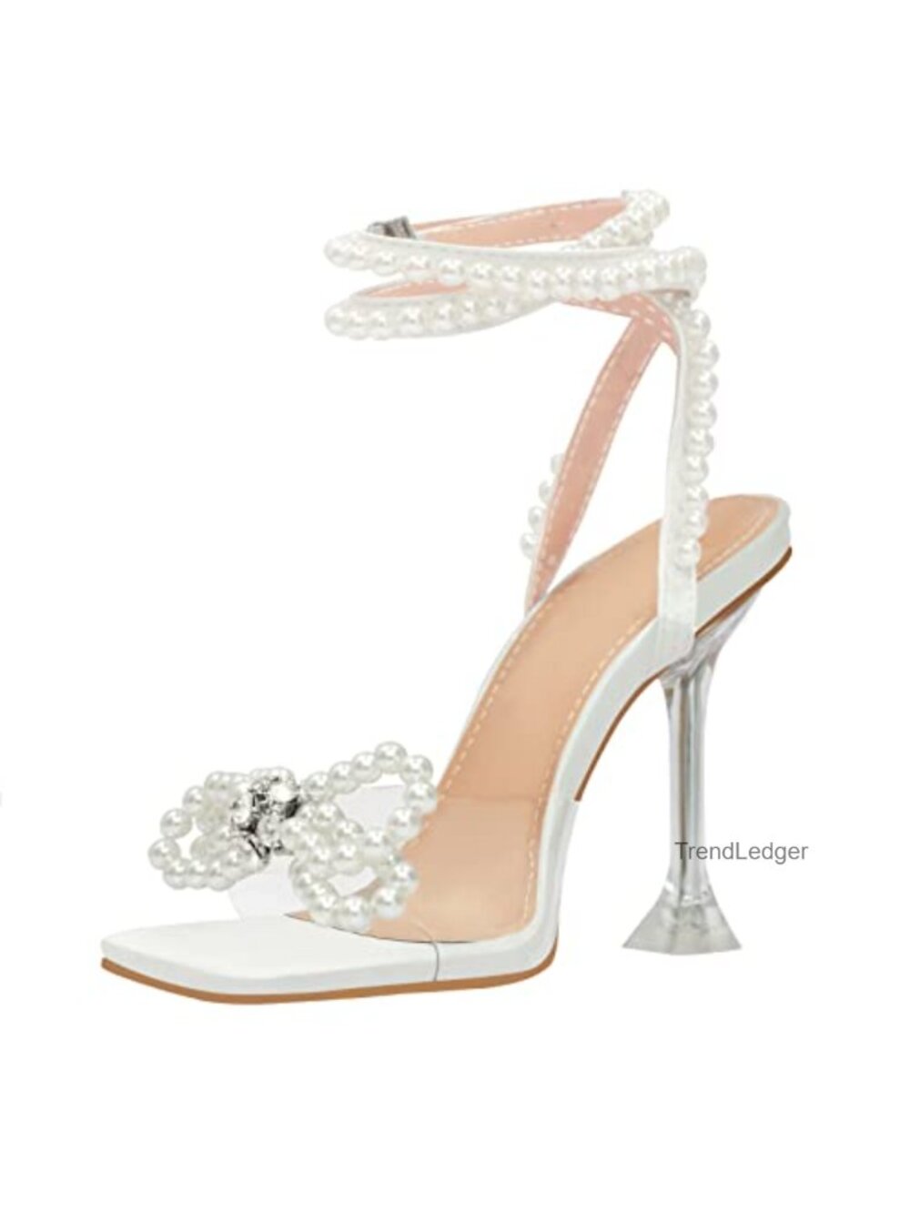 Clear Rhinestone Bow Pearl Ankle Strap Square Toe Stiletto Heel Sandals